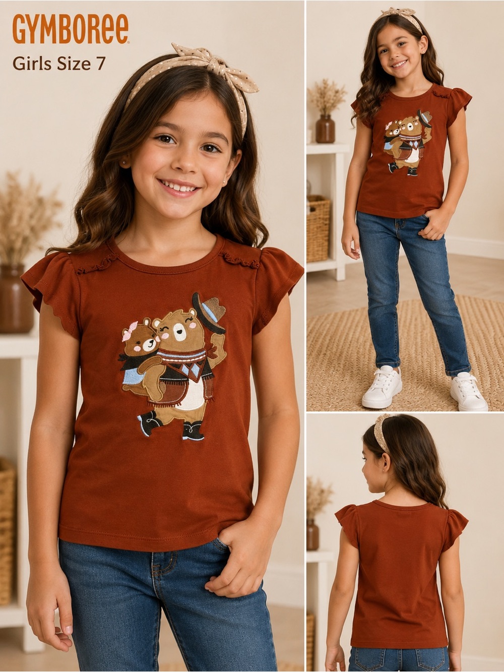 Gymboree Girls Bear Graphic Flutter Sleeve T-Shirt Size 7 Brown Cute Cotton Top